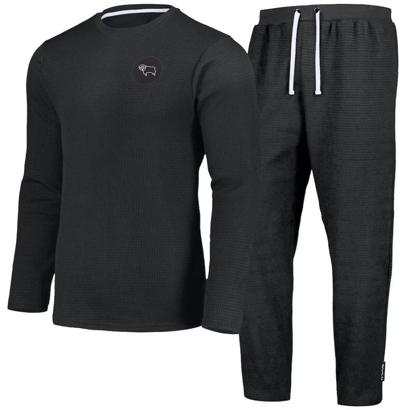 Derby County Football Pyjamas Men's Black Waffle Long Pyjamas