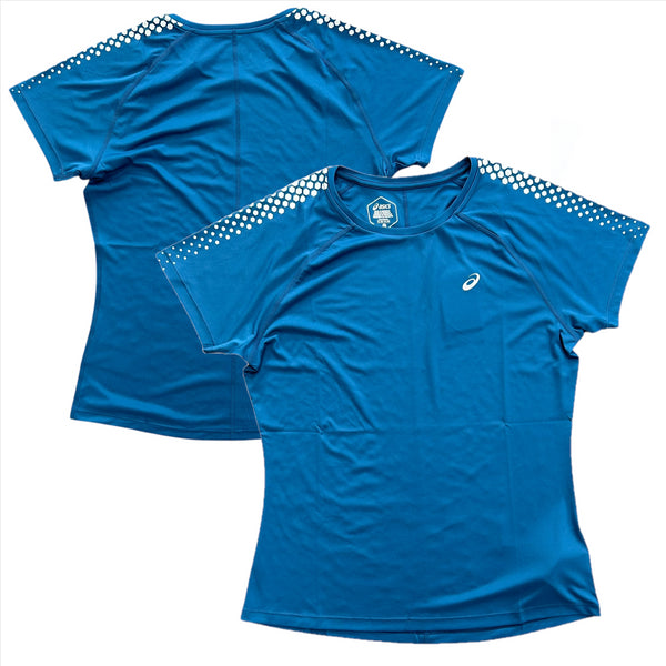 Asics Women's Training T-Shirt Blue Stripe Short Sleeve Top