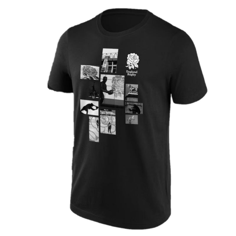 England Rugby Men's T-Shirt Black Collage Graphic Top