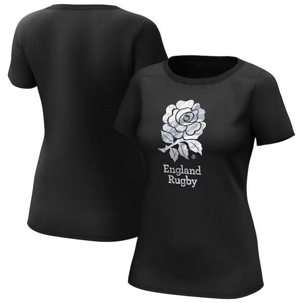 England Rugby Women's T-Shirt Marble Graphic Logo Black Top
